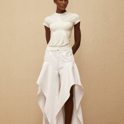 Aino's White Asymmetrical Denim Jeans luxury ruffled wide legs long length five pockets belt loops button zip fastening 100 percent cotton