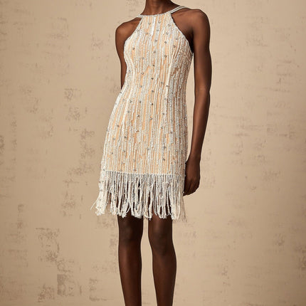 Ainsley Neutrals Crystal Sequin Mini Dress Fringed Edge Spaghetti Straps