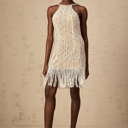 Ainsley Neutrals Crystal Sequin Mini Dress Fringed Edge Spaghetti Straps Thigh Length Rear Zip Fastening Polyester Cotton Special Occasion Luxury