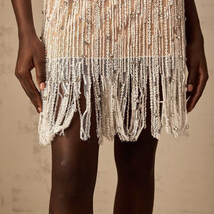 Ainsley Neutrals Crystal Sequin Mini Dress Spaghetti Straps Fringed Edge Thigh Length Rear Zip Fastening 91% Polyester 9% Cotton Luxury Elegance Special Occasion Grace Allure Statement