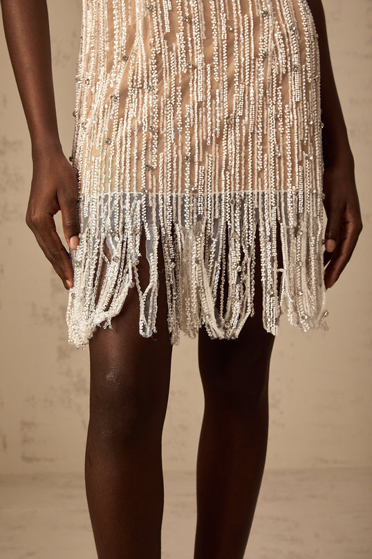 Ainsley Neutrals Crystal Sequin Mini Dress Spaghetti Straps Fringed Edge Thigh Length Rear Zip Fastening 91% Polyester 9% Cotton Luxury Elegance Special Occasion Grace Allure Statement