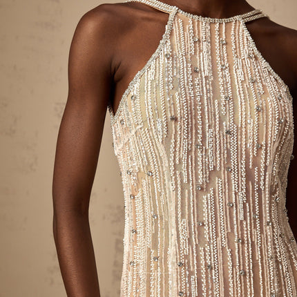 Ainsley Neutrals Crystal Sequin Mini Dress Fringed Edge Spaghetti Straps Thigh Length Rear Zip 91% Polyester 9% Cotton Special Occasion Luxury