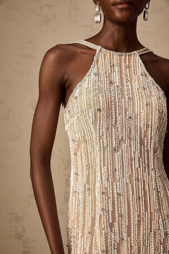 Ainsley Neutrals Crystal Sequin Mini Dress Fringed Edge Spaghetti Straps Thigh Length Rear Zip 91% Polyester 9% Cotton Special Occasion Luxury