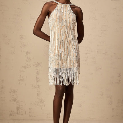 Ainsley Neutrals Mini Dress Crystal Sequin Embellishments Fringed Edge Spaghetti Straps Thigh Length Rear Zip Fastening Polyester Cotton Special Occasion Elegance Luxury