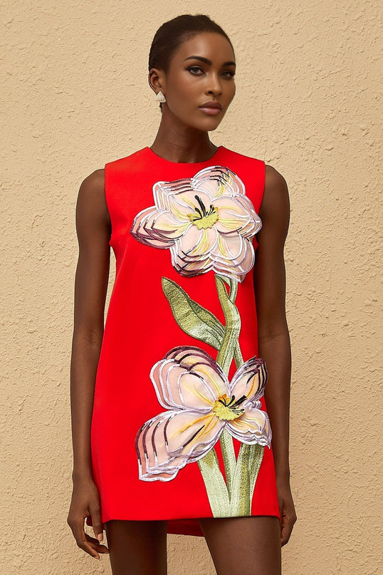 Ainsley Red Floral Embroidered Sequin Mini Dress