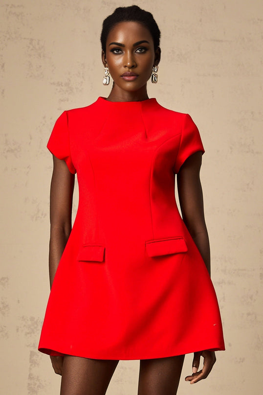 Ainsley Red Mini Dress Terylene Spandex Cinched Waist Cap Sleeves Faux Flap Pockets