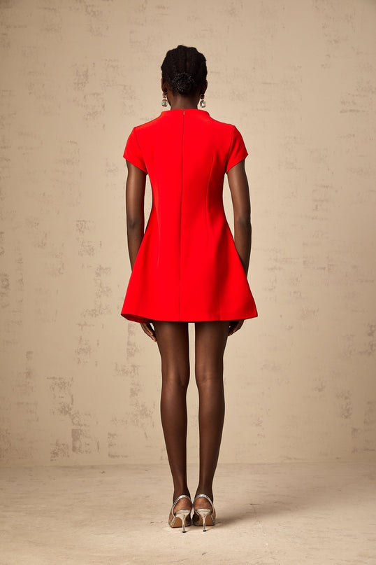 Ainsley Red Mini Dress Cap Sleeve Cinched Waist Elegant Sophisticated Faux Flap Pockets