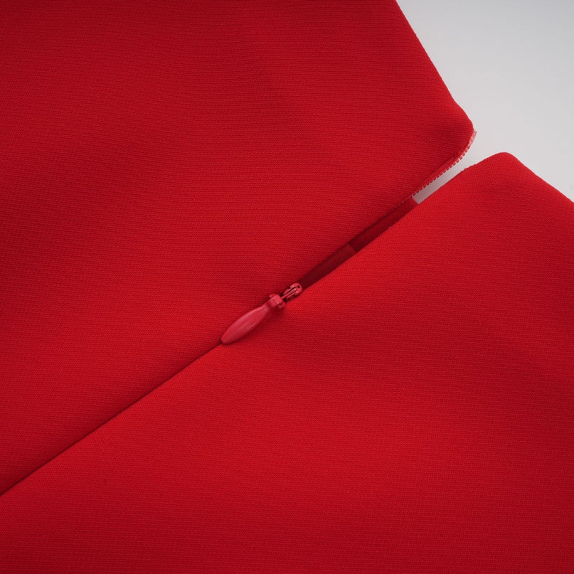 Ainsley Red Mini Dress Terylene Spandex Cinched Waist Cap Sleeves Faux Flap Pockets