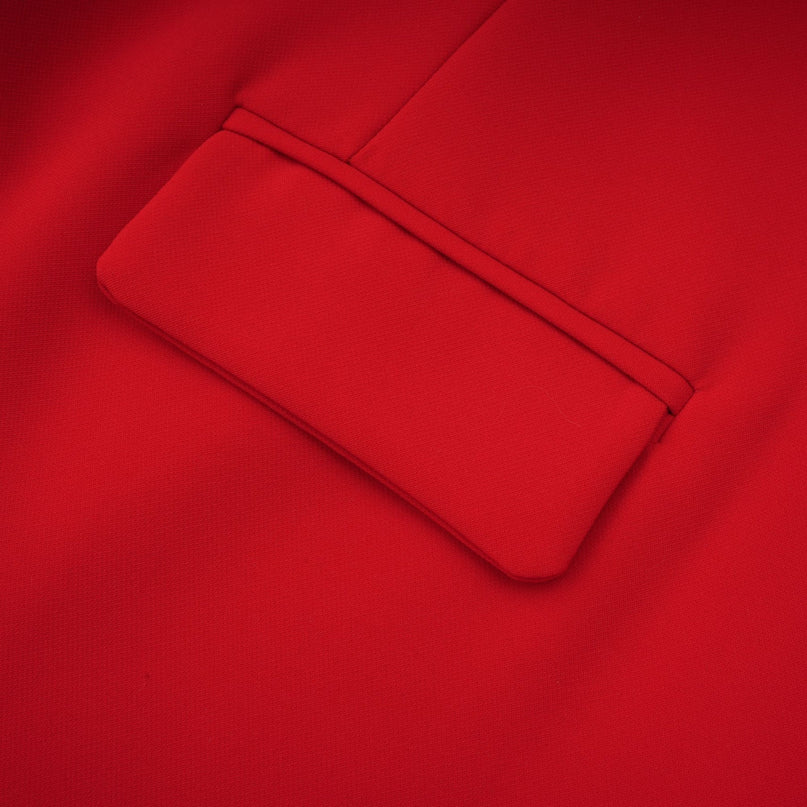 Ainsley Red Mini Dress Elegant Sophisticated Terylene Spandex Cinched Waist Cap Sleeves Faux Pockets