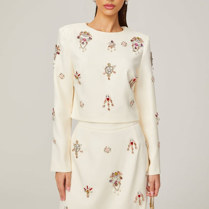 Ainsley White Crystal Embellished Matching Ensemble Skirt Top Set