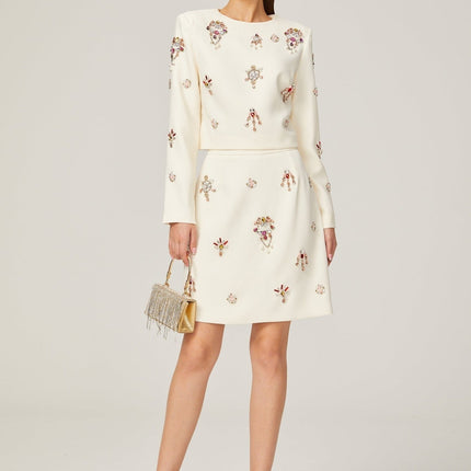 Ainsley White Crystal Embellished Skirt Top Set