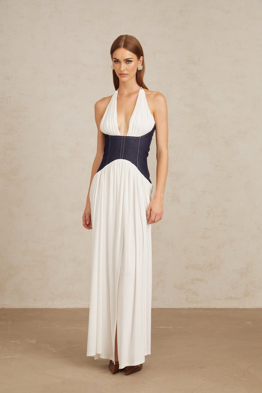 Airi White Halterneck Denim Panel Maxi Dress