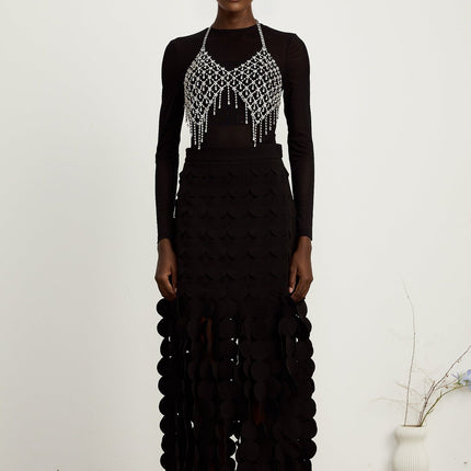 Alana Black Fringed Maxi Dress with Fabric-Disc Overlay