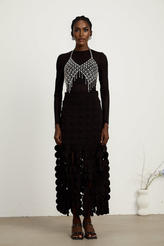 Alana Black Fringed Maxi Dress with Fabric-Disc Overlay