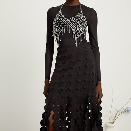 Alana Black Fringed Maxi Dress with Fabric-Disc Overlay