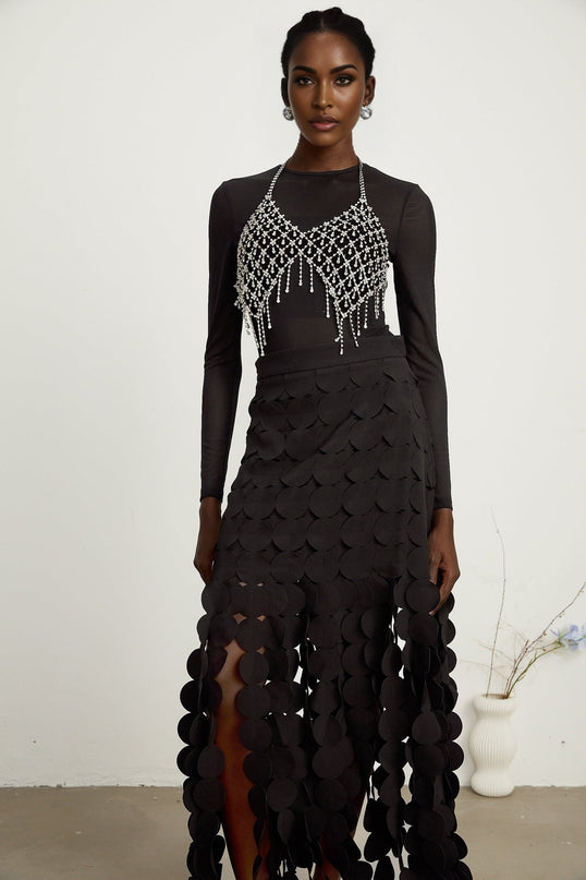 Alana Black Fringed Maxi Dress with Fabric-Disc Overlay