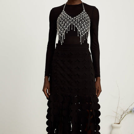 Alana Black Fringed Maxi Dress with Fabric-Disc Overlay