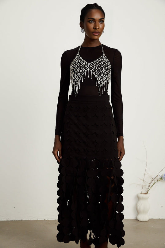 Alana Black Fringed Maxi Dress with Fabric-Disc Overlay