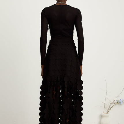 Alana Black Fringed Maxi Dress with Fabric-Disc Overlay