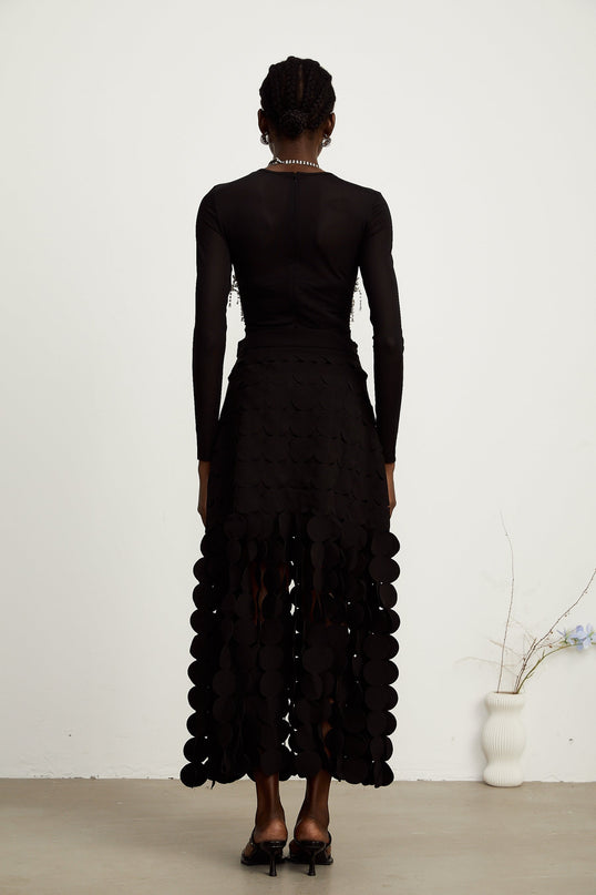 Alana Black Fringed Maxi Dress with Fabric-Disc Overlay