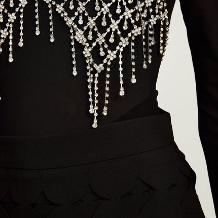 Alana Black Fringed Maxi Dress with Fabric-Disc Overlay
