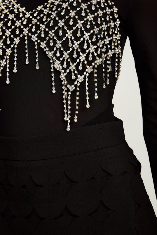 Alana Black Fringed Maxi Dress with Fabric-Disc Overlay