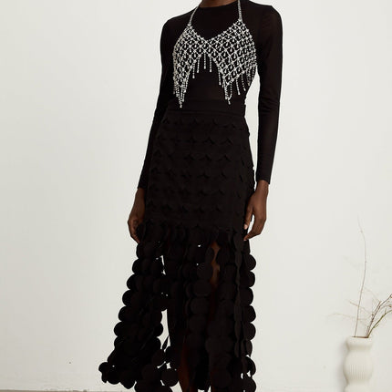 Alana Black Fringed Maxi Dress with Fabric-Disc Overlay