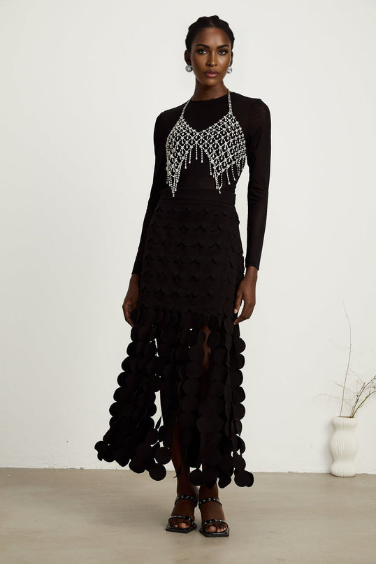 Alana Black Fringed Maxi Dress with Fabric-Disc Overlay