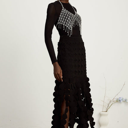 Alana Black Fringed Maxi Dress with Fabric-Disc Overlay