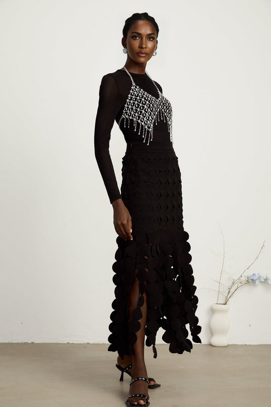 Alana Black Fringed Maxi Dress with Fabric-Disc Overlay
