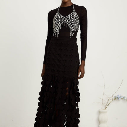 Alana Black Fringed Maxi Dress with Fabric-Disc Overlay and Half Lining