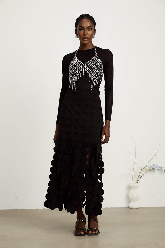 Alana Black Fringed Maxi Dress with Fabric-Disc Overlay and Half Lining
