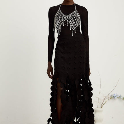 Alana Black Fringed Maxi Dress with Fabric-Disc Overlay