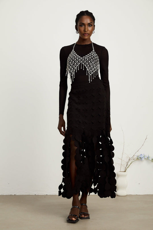 Alana Black Fringed Maxi Dress with Fabric-Disc Overlay