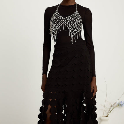 Alana Black Fringed Maxi Dress with Fabric-Disc Overlay