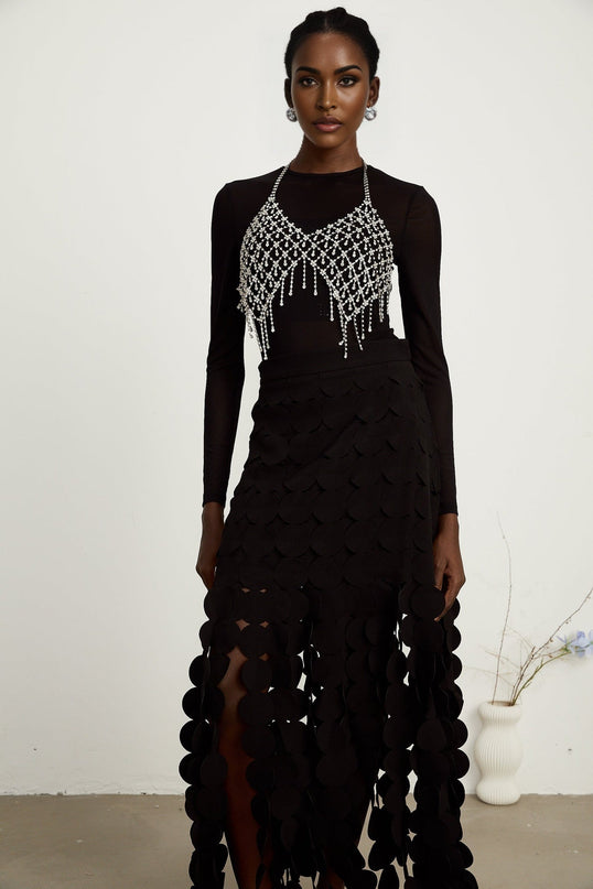 Alana Black Fringed Maxi Dress with Fabric-Disc Overlay