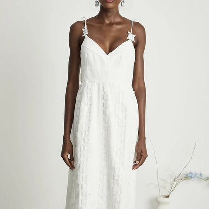 Alana White Cotton Lace Trim Butterfly Embroidered V-Neck Midi Dress