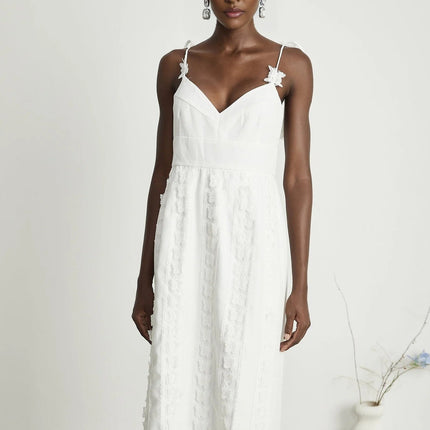 Alana White Cotton Lace Trim Butterfly Embroidery Midi Dress