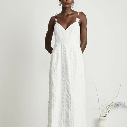 Alana White Cotton Lace Trim Butterfly Embroidery V-Neck Midi Dress