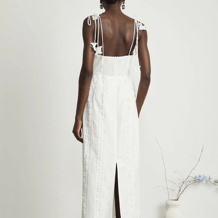 Alana White Lace Trim Butterfly Embroidered Cotton Midi Dress