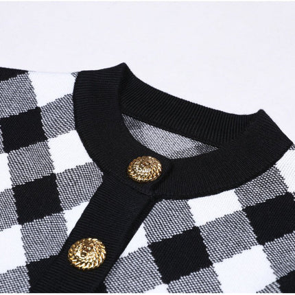 Alba Black and White Argyle Cropped Knit Cardigan with Golden Buttons