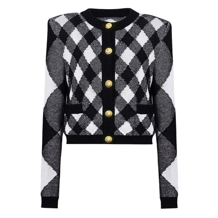 Alba Black and White Argyle Cropped Knit Jacket with Golden Buttons