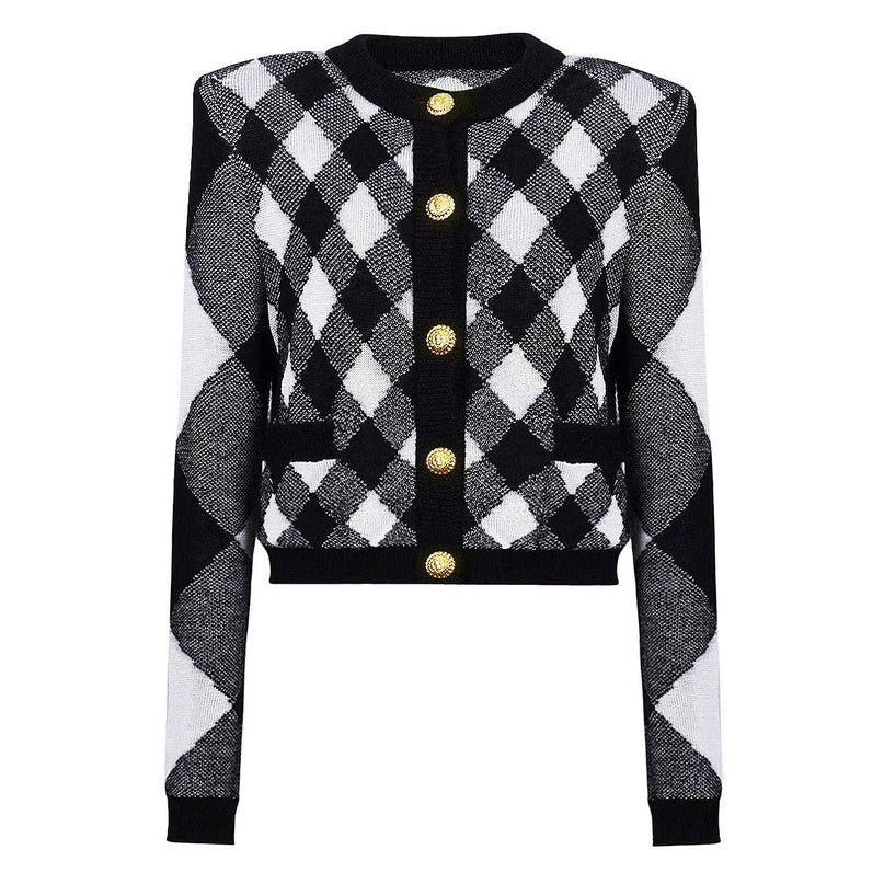 Alba Black and White Argyle Cropped Knit Jacket with Golden Buttons