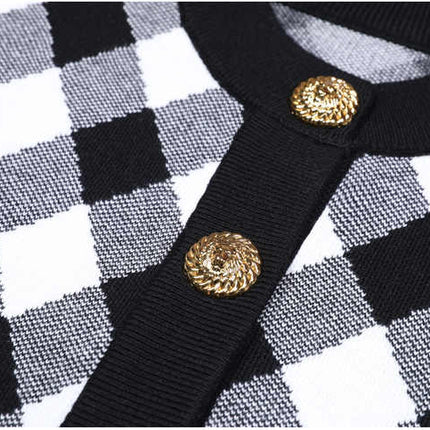 Alba Black and White Argyle Cropped Knit Jacket with Golden Buttons