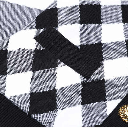 Alba Black and White Argyle Cropped Knit Jacket with Golden Buttons