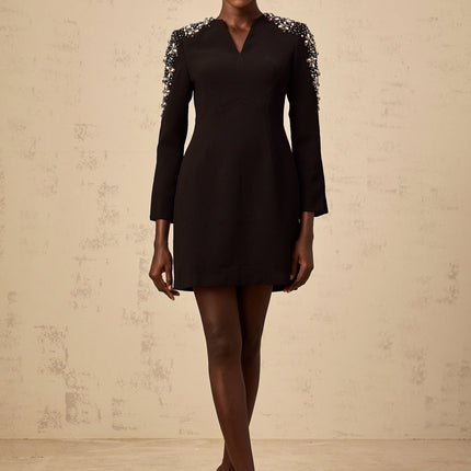 Alba Black Mini Dress with Crystal and Bead Embellishments Split Neck Design Slit Cuffs Dart Detailing Rear Zip Fastening Fitted Silhouette Thigh Length Hem