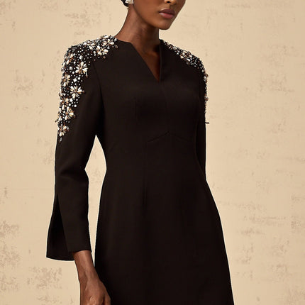 Alba Black Mini Dress with Split-Neck Design and Crystal Embellishments