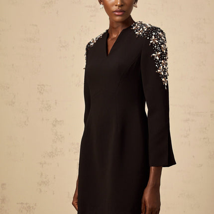 Alba Black Mini Dress with Split-Neck Design and Crystal Embellishments
