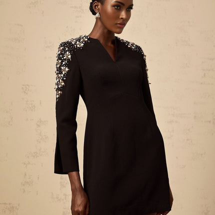 Alba Black Mini Dress with Crystal and Bead Embellishments