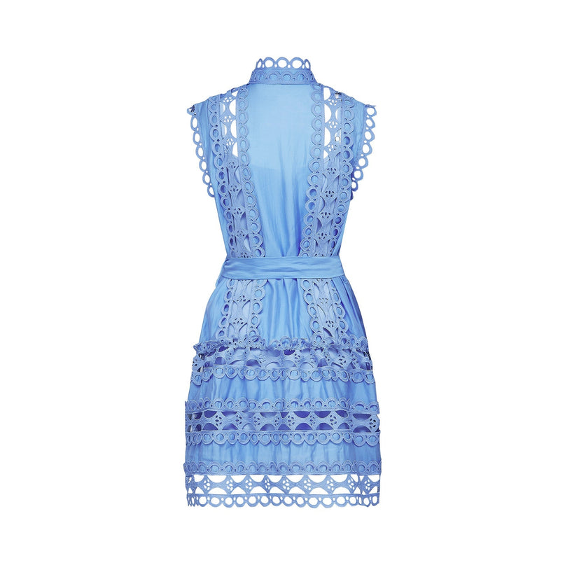 Alba Blue Cotton Mini Dress with Cut-Out Design and Belted Waist